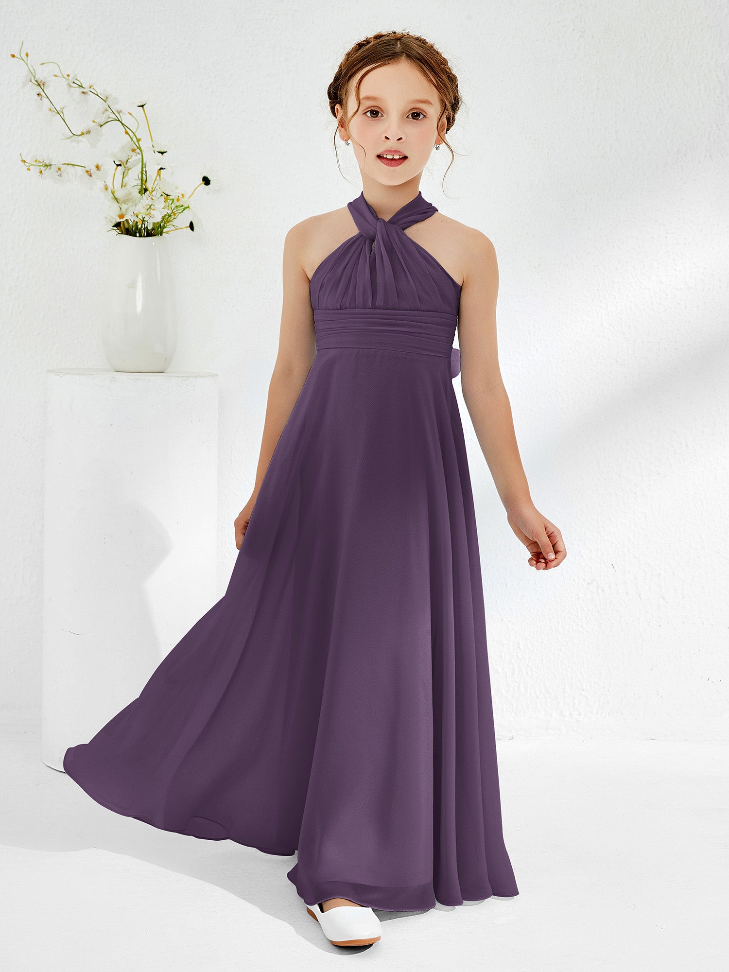 Halter Neckline Chiffon Junior Bridesmaid Dresses Plum